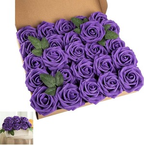Purple Artificial Flower Purple Silk Rose 25pcs Real Looking Fake Rose with Stems Leaves for Home Decoration Party Garden Centerpieces DIY Wedding Bouquets Deep Purple