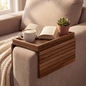 $39 Sofa Arm Tray, Fits 6.5 Couch Armrest, Foldable Bamboo Large Storage Tray