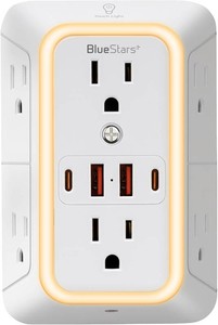 $24 Wall Mount Power Strips Wall Charger 6 Outlet Extender 4 USB Ports (5V, 2.4A, 12W) and Night Light 3-Sided Power Strip with Adapter Spaced Outlets - Multi Plug Outlet Surge Protector, ETL Listed
