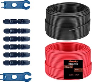 $116 Solar Cable 100Ft 30M 10 awg Wire, 100FT Black  100FT Red 10 Gauge Wire Solar Extension Cable Wire with 6 Pairs Solar Connectors for RV, Photovoltaic Systems (100, Black red)