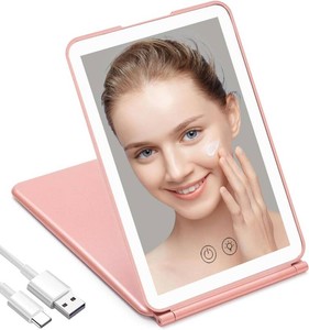 KOOKIN Travel Makeup Mirror with Lights, Folding Handheld Mirror, Rose Gold