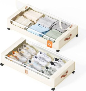 $31 Yecaye Under Bed Storage with Wheels, 2 Pack Under Bed Storage Containers, 60L Underbed Shoe Storage with Clear Window & Label, Rolling Under Bed Metal Drawer for Clothes, Shoes, Books, Blankets