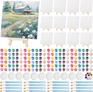 $34 Qilery 12 Set Mini Canvas Panel with Easel Art Painting Kit, 8 x 8 Inch