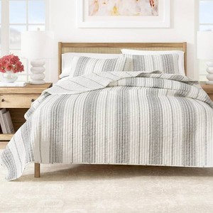 $75 Great Bay Home Striped Quilt Set - 3-Piece FullQueen Size Farmhouse Bedding Set - Lightweight, All-Season, Reversible Bedspread (CreamGrey)