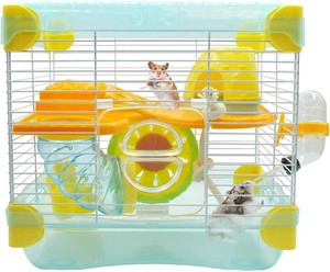 $27 2 Layers Hamster Cage with Tubes Mouse Cage with Accessories Water Bottle Food Dish Transparent Hamster Habitat with Exercise Wheel for Hamster Guinea Pig Gerbil (10.9 x 8.1 x 9.8 Blue)