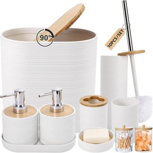$40 XLHOMO White Bathroom Set, White Bathroom Accessories Set with Trash Can, 2PCS Soap Dispensers, Soap Dish, Toothbrush Holder, Toothbrush Cup,Toilet Brush, Tray and Qtip Holders for Bathroom Decor