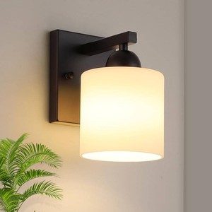 $40 Mecgirn Matte Black Milk Glass Wall Sconces, 1 Pack Hardwired Indoor Wall Light Fixtures for Living Room, Hallway, Bedroom, Ceramic E26 Sockets (Bulbs Not Included)