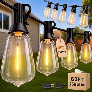 $24 60FT(5010) String Lights Outdoor, 2FT Bulb Spacing, Waterproof Shatterproof Warm White ST38 LED Edison Bulbs, Extension Cord, Plug in Connectable Hanging Patio Lights for Outside, Backyard