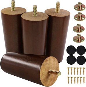 Yaliuliu 4 Inches Round Solid Wood Furniture Legs Set of 4, Brown Wooden Replacement Feet with Threaded 516 Hanger Bolts for Sofa, Couch, Armchair, Cabinet, TV Stand, Ottoman and Dresser