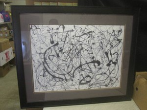 (A-4) Framed Jackson Pollocks Number 14 Gray Abstract Drip Painting Print 37 x 30 12