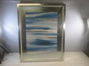 (A-4) Framed Blue and White Abstract with Silver Leaf Accents with Mirror Back Background Retail $169.95 - 23 12 x 29 12