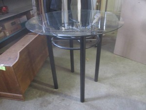 (FRNT) Round Glass Top Table 38 Across  36 High Metal FrameBase