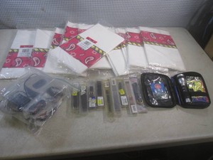 (F-3) Table Clothes, Bag of Old Hearing Aids, NOS Wrist Watch Bands and Accident Kit