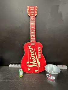 Shiner Bock guitar shaped wooden sign with ice bucket, lot of 2 items