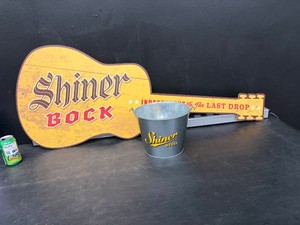 Shiner Bock guitar shaped wooden sign with ice bucket, lot of 2 items