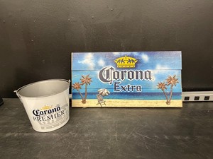 Corona Extra wood sign with metal accents, and ice bucket