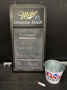 Miller Genuine Draft chalkboard with Coors beer bucket and bottle opener