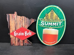 Grain Belt Beer MN wood sign, and Summit Brewing tin tacker  metal sign
