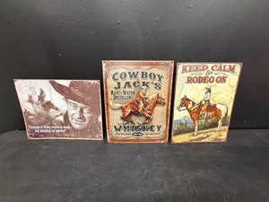 John Wayne, Keep Calm and Rodeo On, and Cowboy Jacks tin tackers  metal signs