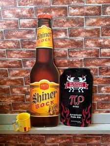 Shiner Bock bottle and Burning Brothers Brewing Pyro APE, tin tackers  metal signs