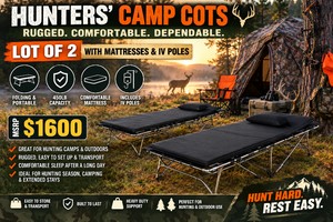 MSRP $1600 Lot Of 2 NEW In Box Medical Grade Folding Camping Cots With Mattresses &amp IV Poles Approx 82x32x19 450lb Capacity Great For Cabins, Youth Groups, Emergency Deployment, Airbnb, Jobsites, Dorms Etc.