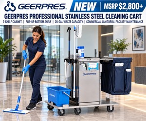 WOW NEW MSRP $2,800 GEERPRES Professional Stainless Steel Cleaning Cart, 2-Shelf Enclosed Cabinet, Flip-Up Bottom Shelf, 25-Gal Waste Capacity, Heavy-Duty Commercial Janitorial Facility Maintenance Cart