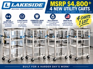 MSRP $4,800 LOT OF 4 NEW LAKESIDE Professional Stainless Steel UtilityLinen Carts, 4 Fixed Shelves, 300-Lb Capacity, Heavy-Duty Swivel Casters, Made in USA - Hospital Hotel Healthcare Commercial - No Covers