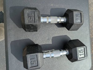 Pair of 15 LB Rubber Hex Dumbbells  30 LBS Total