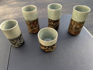 Set of Five Crackle-Glaze Ceramic Cups and Vases