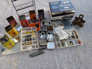 Panasonic Car Stereo with Saw Blades and Shop Hardware