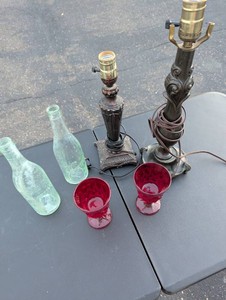 Vintage Table Lamps, Embossed Bottles and Red Glassware