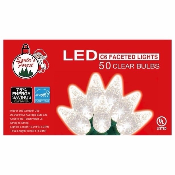 LIGHTSET LED C6 50CT CLEAR  Christmas Tree Lights  Cool to touch25,000-hour average bulb lifeLED 50-count C6 faceted lightsetConnect string to stringGreen wireLighted length 13.27 ft Indooroutdoor use  Retail $18.99