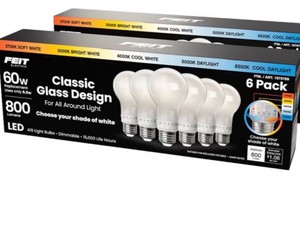Feit Electric 60W Replacement 5-CCT LED Classic Glass A19 Bulbs, 6-Pack, Adjustable Color and Brightness