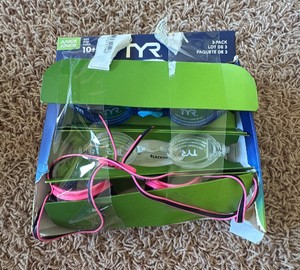 Three Pack of Adult Swimming Goggles,  Clear, Blue and Pink Colors, Open Box Condition