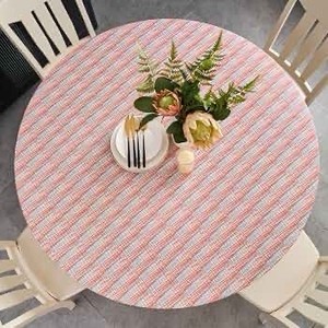 Round Vinyl Fitted Tablecloth with Flannel Backing Elastic Table Cloth Waterproof Oil-Proof Plastic Table Cover Best for 32-36 Round