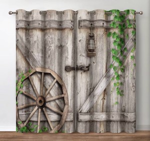 Rustic Wooden Barn Door Window Blackout Curtain52x63 Inch Grommet Rustic Wooden Barn Blackout Curtain 2 Panel Set Farmhouse Wagon Wheel For Home Bedroom Living Room