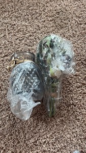 Decorative Fake Flowerr Bouquet and Glass Vase With Wooden Accessories