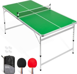 GoSports 6 x 3 ft Mid-Size Table Tennis Table Set with Adjustable Height - Green - Folds up to store - Retail $139