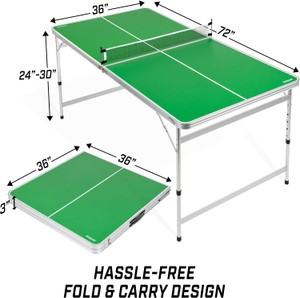 GoSports 6 x 3 ft Mid-Size Table Tennis Table Set with Adjustable Height - Green - Folds up to store - Retail $139