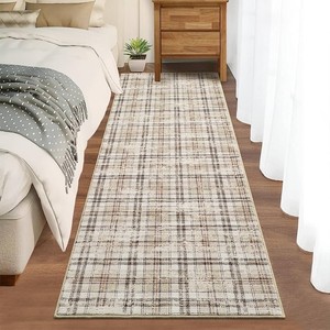 Washable Modern Tartan Plaid Non Slip Kitchen & Bedroom 2x6 Beige Stain Resistant Throw Rug