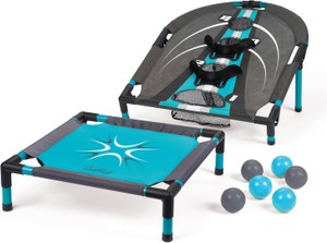 EastPoint Spring Fling Bounce Game - BlackBlue Durable PVC Construction - 6 Balls, 20in Trampoline & 29.5in x 24in Target - Dynamic Reflex Game, Sports Activities for Boys, Organizer for Easy Storage - Retail $36