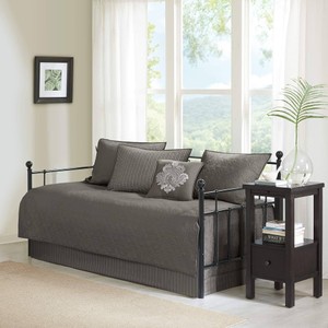 Madison Park Cotton Daybed Cover Set-Double Sided Quilting Classic Cottage Design All Season Bedding with Bedskirt, Matching Shams, Decorative Pillow, 75x39, Quebec Dark Grey 6 Piece