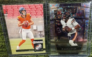 2024 Donruss Bo Nix Retro 1994 Rookie RC #28 Broncos2021 Panini Select Justin Fields Rookie Prizm Concourse Disco #50 Chicago Bears