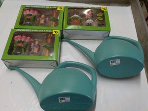 3 Mini Garden Fairy 4 pc Sets and 2 Plastic Watering Cans