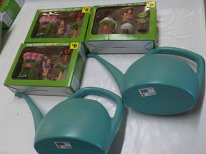 3 Mini Garden Fairy 4 pc Sets and 2 Plastic Watering Cans