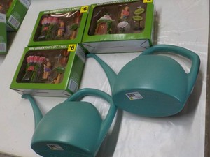 3 Mini Garden Fairy 4 pc Sets and 2 Plastic Watering Cans