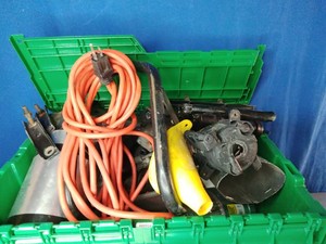 Storage tote filled with assorted workshop and automotive items
