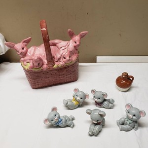 Ceramic Bunny Basket and Mouse Figurines with Jug