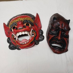 Lot of 2 Decorative Masks Including Red Barong and Black Oni Demon Masks