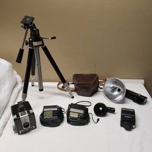 Kodak Cameras and Accessories Lot including Brownie Hawkeye, 35 Camera, and Tripod